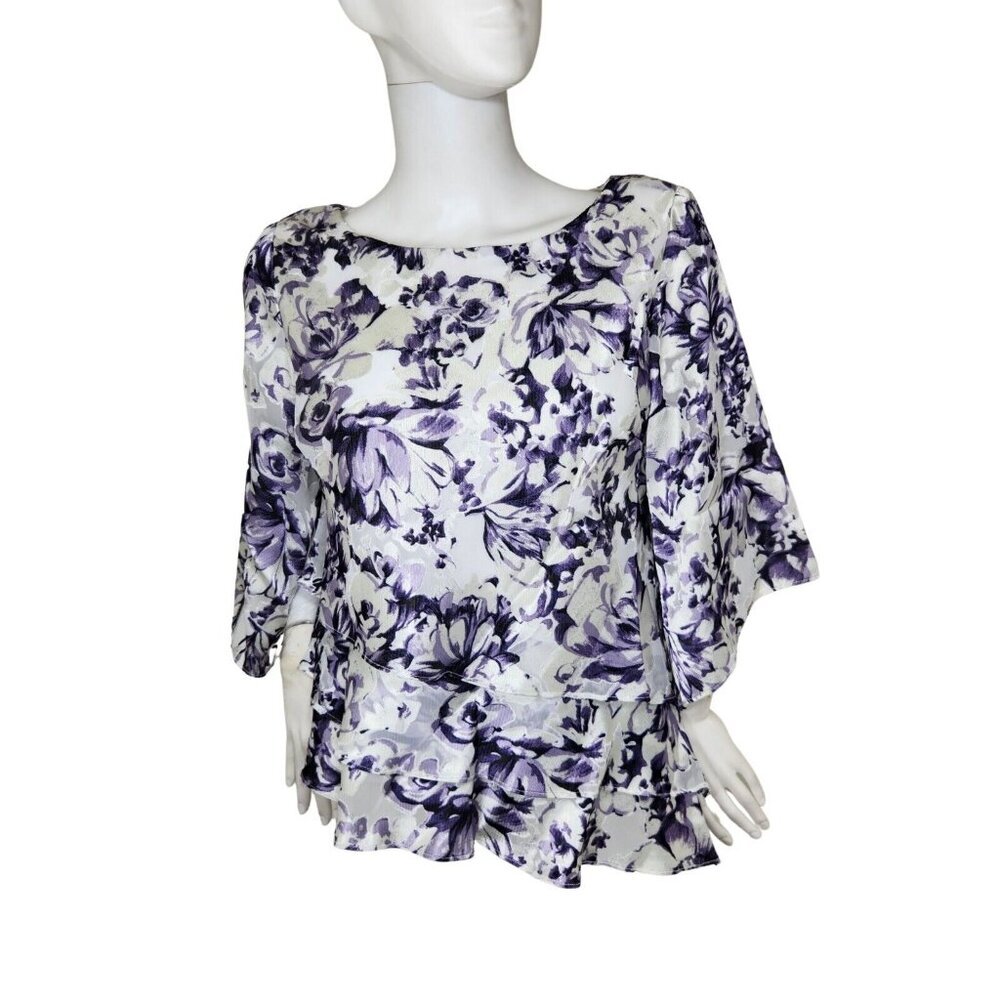 Alex Evenings Women's Size S Floral Printed Tiered 3/4 Sleeve Blouse Purple (12)